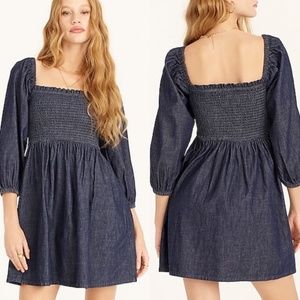 J. Crew Navy Smocked Square-Neck Denim Mini Dress